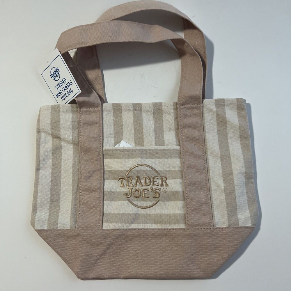 Trader Joe’s Mini Tote Bag Pastel Stripe Canvas NWT- Brown - 2026 Limited